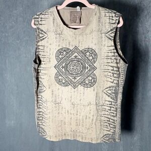 Psylo Mens Organic Cotton Graphic Muscle Tank Top Tan Tribal Mandala Faded L